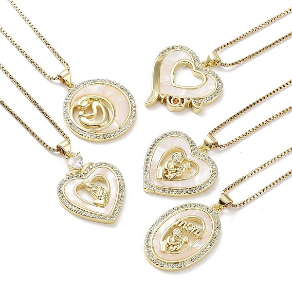 Mother's Day Brass Micro Pave Clear Cubic Zirconia Pendant Necklaces, Shell Necklace with Golden 304 Stainless Steel Chains