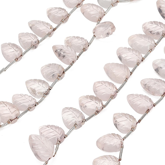 Natural Rose Quartz Carved Beads Strands, Leaf, Top Drilled, with Tassel