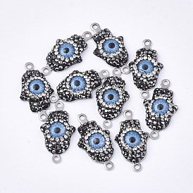 Polymer Clay Rhinestone Links Connectors, with 304 Stainless Steel Findings and Resin, Hamsa Hand/Hand of Fatima/Hand of Miriam with Evil Eye