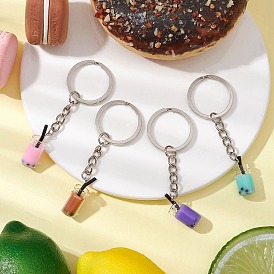 Resin & Glass Bottle Keychian, with Iron Split Key Rings, Imitation Bubble Tea/Boba Milk Tea