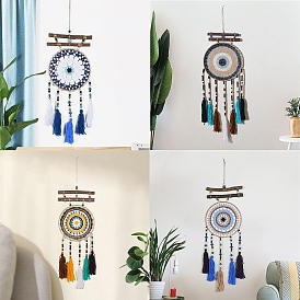 Evil Eye Wall Decor, Woven Net/Web with Feather Pendant Decorations, for Home Craft Wall Hanging