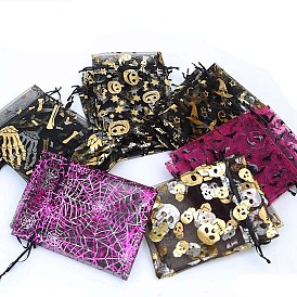 Rectangle Organza Drawstring Bags, Hot Stamping Candy Storage Bags, for Halloween Gift Package