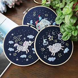 Starry Sky Theme Kids DIY Embroidery Kits, Including Printed Cotton Fabric, Embroidery Thread & Needles, Bamboo Embroidery Hoop
