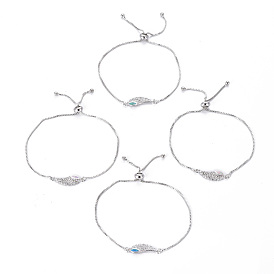 Adjustable Brass Bolo Bracelets, Slider Bracelets, Box Chains, with Synthetic Opal and Cubic Zirconia, Wing