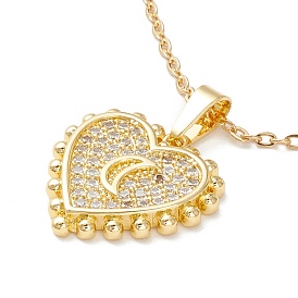 Clear Cubic Zirconia Heart with Crescent Moon Pendant Necklace, 304 Stainless Steel Jewelry for Women