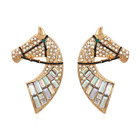 Exaggerated Horse Head Rhinestone Earrings, Unique Alloy Dripping Oil Colorful Diamond Animal Ear Studs, Vintage Ear Jewelry
