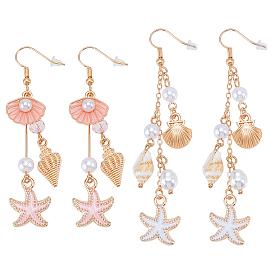 2 пары 2 стили, серьги-подвески в форме морской звезды с эмалью и ракушкой из сплава, с пластиковыми бусинами из искусственного жемчуга