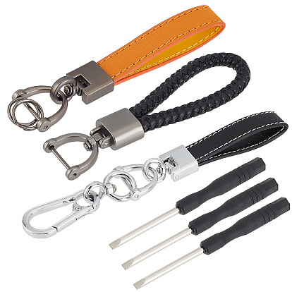 3 Sets 3 Styles Imitation Leather Keychains, with Alloy Finding & Screwdriver