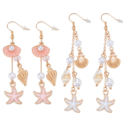 2 пары 2 стили, серьги-подвески в форме морской звезды с эмалью и ракушкой из сплава, с пластиковыми бусинами из искусственного жемчуга