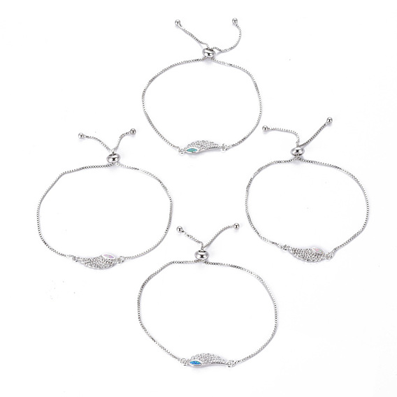 Adjustable Brass Bolo Bracelets, Slider Bracelets, Box Chains, with Synthetic Opal and Cubic Zirconia, Wing