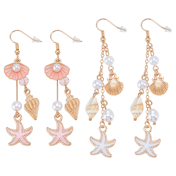 2 пары 2 стили, серьги-подвески в форме морской звезды с эмалью и ракушкой из сплава, с пластиковыми бусинами из искусственного жемчуга