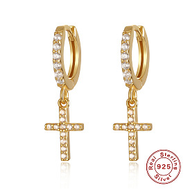 Geometric Cross Stud Earrings with Diamonds in Sterling Silver for Women