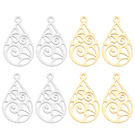 201 Stainless Steel Pendants, Filigree Joiners Findings, Laser Cut, Teardrop with Flower