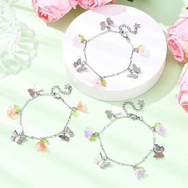 3Pcs 3 Colors Spray Painted Glass Beads & 201 Stainless Steel Charm Brascelets, Brass Bar Link Chains Bracelets Sets for Women, Flower & Butterfly