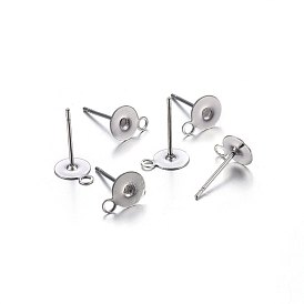 304 Stainless Steel Stud Earring Findings, with Loop, Flat Round