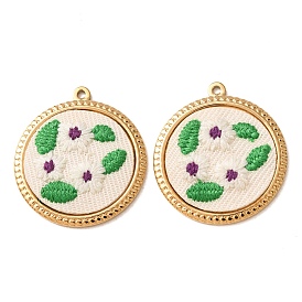 304 Stainless Steel & Cloth Embroidered Pendants, Flat Round with Flower Charms, Ion Plating(IP), Long-Lasting Plated, Real 18K Gold Plated