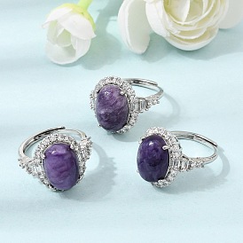 Brass Micro Pave Cubic Zirconia Finger Rings, Oval, with Natural Charoite, Platinum