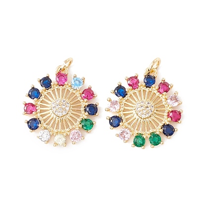 Colgantes de circonitas cúbicas de colores con micro pavé de latón chapado en rack, con anillos de salto, larga duración plateado, sin plomo y cadmio, flor