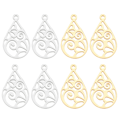 201 Stainless Steel Pendants, Filigree Joiners Findings, Laser Cut, Teardrop with Flower
