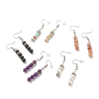 Gemstone Round Beaded Dangle Earrings, 304 Stainless Steel Drop Earrings for Women