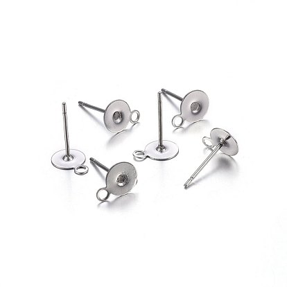 304 Stainless Steel Stud Earring Findings, with Loop, Flat Round