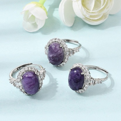 Brass Micro Pave Cubic Zirconia Finger Rings, Oval, with Natural Charoite, Platinum