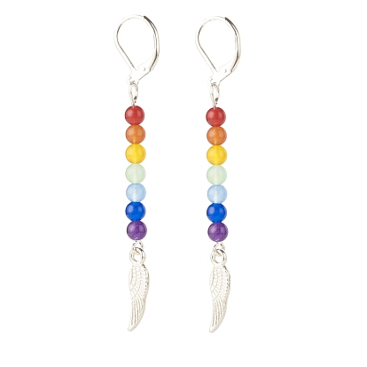 Natural Malaysia Jade with Alloy Wing Long Dangle Leverback Earrings, 7 Chakra Gemstone Jewelry for Women