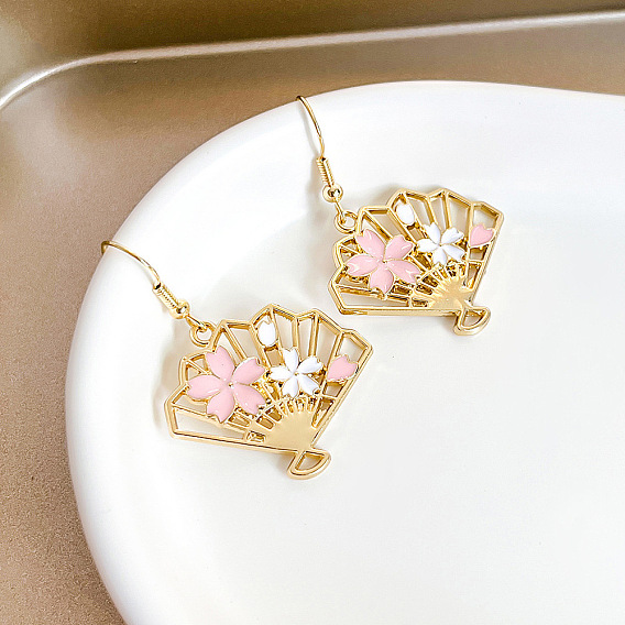 Болтаться серьги сплава эмали, веер с цветочным узором