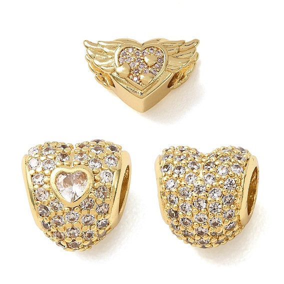 Brass Micro Pave Clear Cubic Zirconia European Beads, Large Hole Beads, Heart