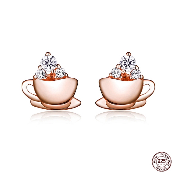 925 Sterling Silver Stud Earrings, with Micro Pave Cubic Zirconia, Coffee