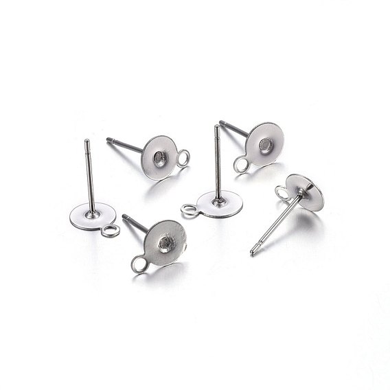 304 Stainless Steel Stud Earring Findings, with Loop, Flat Round
