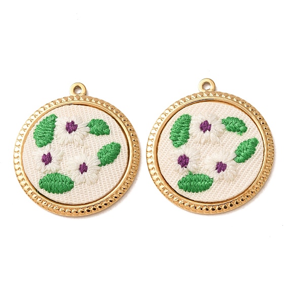 304 Stainless Steel & Cloth Embroidered Pendants, Flat Round with Flower Charms, Ion Plating(IP), Long-Lasting Plated, Real 18K Gold Plated