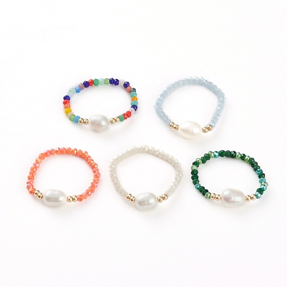 Glass Beads Stretch Rings, with Natural Pearl Beads and Glass Seed Beads