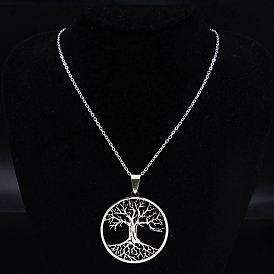 Stainless Steel Pendant Necklaces for Women Men, Flat Round with Tree of Life