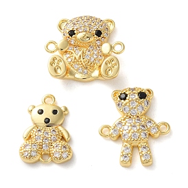 Rack Plating Brass Clear & Black Cubic Zirconia Bear Connector Charms, Long-Lasting Plated, Lead Free & Cadmium Free