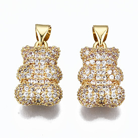 Brass Micro Pave Clear Cubic Zirconia Pendants, Inlay Bear Shape Charms, Cadmium Free & Nickel Free & Lead Free