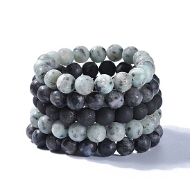 Perles de pierres précieuses naturelles s'étendent bracelets, Avec de l'agate de druzy naturel galvanisé, jaspe sésame naturel/jaspe kiwi et larvikite naturelle, boite d'emballage