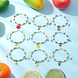 9Pcs Fruit Theme Alloy Enamel Charm Bracelets, Glass Seed Beads Braided Bead Bracelets for Women