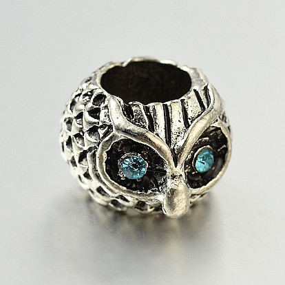 Rondelle with Owl Antique Silver Zinc Alloy Rhinestone European Large Hole Beads, Grade A, 7.5x10x10.5mm, Hole: 5mm