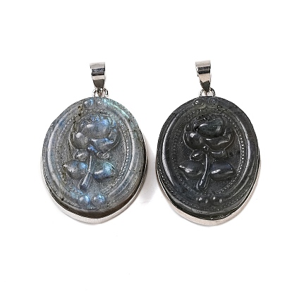 Подвески с резными цветами из натурального лабрадорита, овальные подвески с платиновым покрытием, латунные защелки на дужках