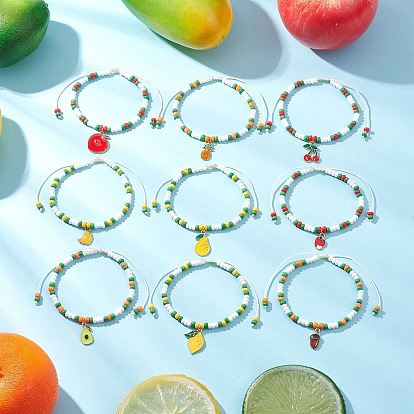 9Pcs Fruit Theme Alloy Enamel Charm Bracelets, Glass Seed Beads Braided Bead Bracelets for Women