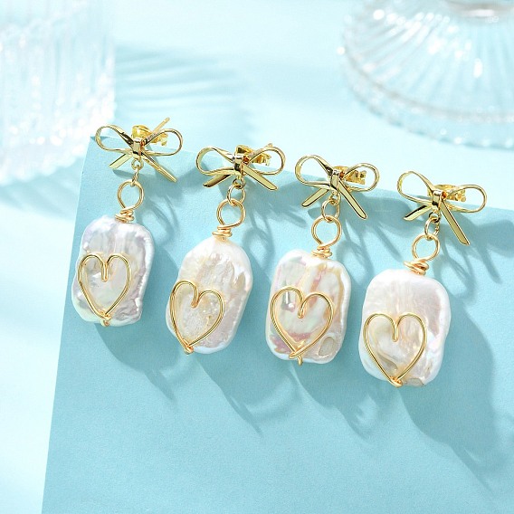 Brass & Natural Baroque Pearl Keshi Pearl Stud Dangle Earrings, Bowknot & Rectangle