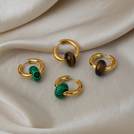 304 Stainless Steel Hoop Earrings with Natural & Synthetic Stone, Huggie Earrings for Women, Real 18K Gold Plated