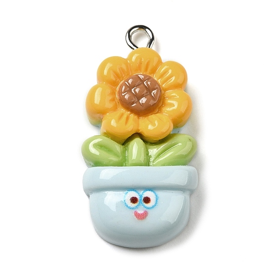 Opaque Resin Pendants, with Platinum Plated Iron Loops, Sunflower Charms