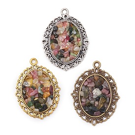3шт. 3 цвета натуральные многоцветные подвески из турмалиновых чипсов, сплав овальные прелести