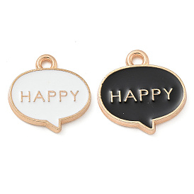 Alloy Enamel Charms, Light Gold, Cadmium Free & Lead Free, Dialog Box with Word Happy Charm