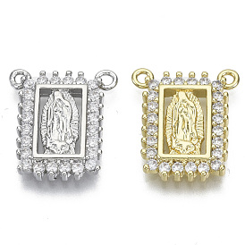 Brass Micro Pave Cubic Zirconia Pendants, Lady of Guadalupe Charms, for Religion, Nickel Free, Rectangle with Virgin Mary, Clear