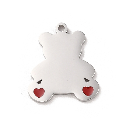304 Stainless Steel Pendants, with Enamel, Bear with Heart Charm