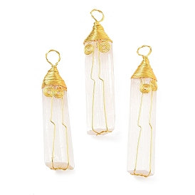 Natural Selenite Copper Wire Wrapped Big Pendants, Column Charms, Golden