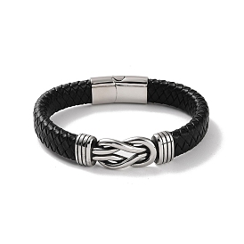 Men's Braided Black PU Leather Cord Bracelets, Knot 304 Stainless Steel Link Bracelets with Magnetic Clasps